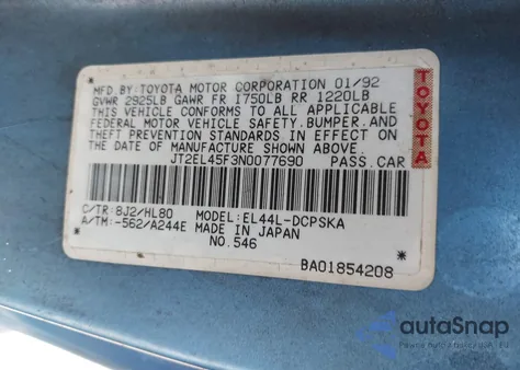 1992 Toyota Paseo z USA, uszkodzony, nr VIN JT2EL45F3N0077690